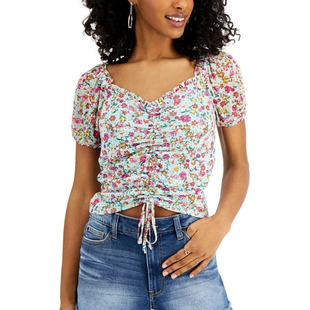 JR254 Crave Fame Sea Breeze Juniors' Floral Printed Ruched Mesh Top Size XS